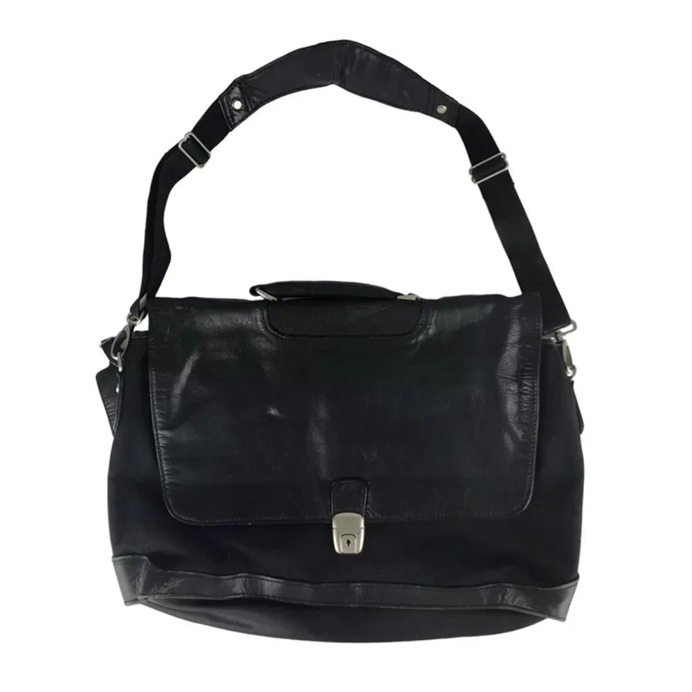 Samsonite Unisex Black Leather Pockets Dividers Detachable Strap Laptop Bag‎